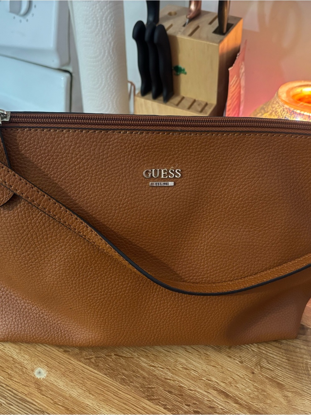 Guess Tan Pebbled Leather Crossbody Shoulder Bag with Silver Logo